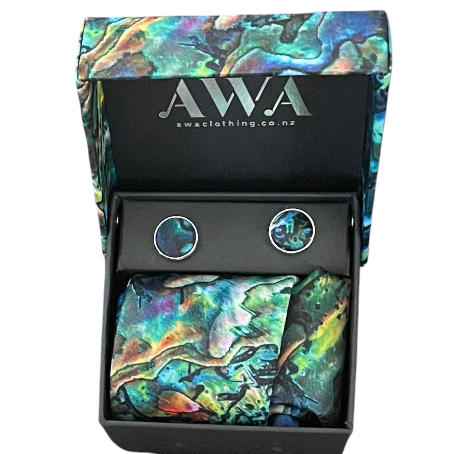 Gift Boxed Maori Pattern Tie, Cufflinks & Pocket Hankerchief - Paua