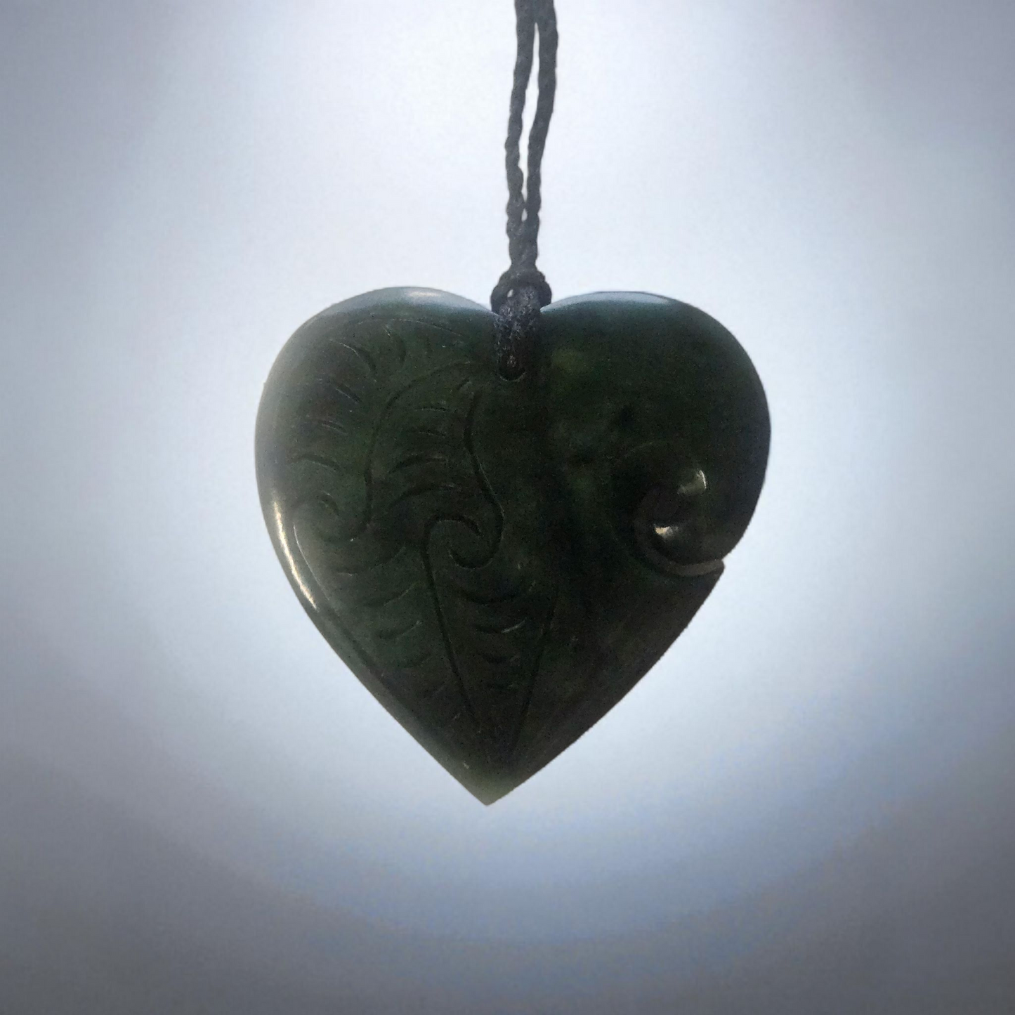 Engraved Pounamu Manawa Heart with Koru Cut-out - 60mm