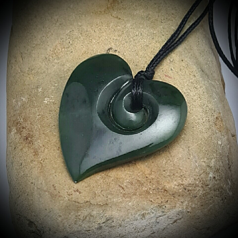 Kawakawa Pounamu Heart with Koru Cut-out - 50mm