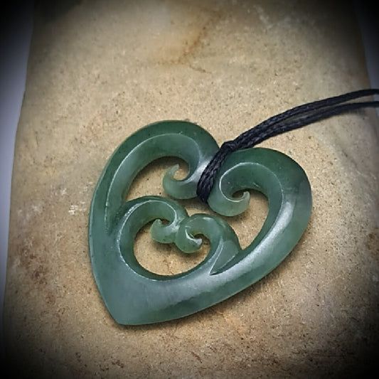 Kawakawa Pounamu Heart with Multiple Koru - 35mm