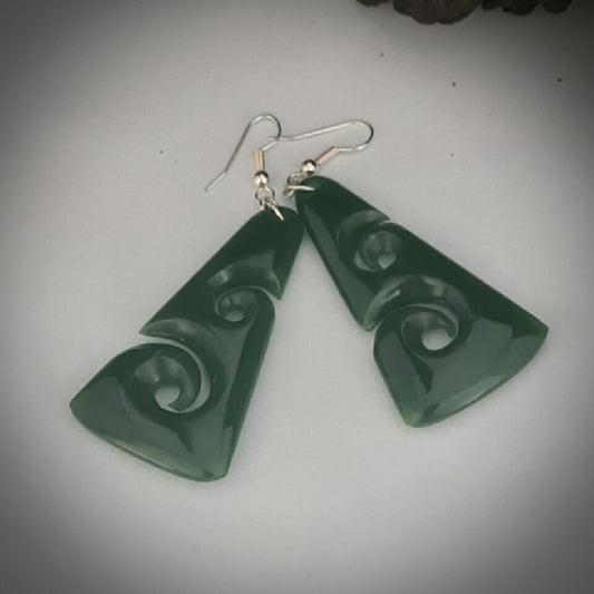 Pounamu Triangle Drop Earrings with 2 Koru Cut-out - 50mm