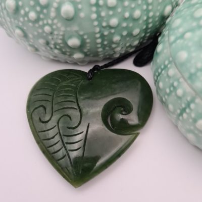 Engraved Pounamu Manawa Heart with Koru Cut-out - 50mm