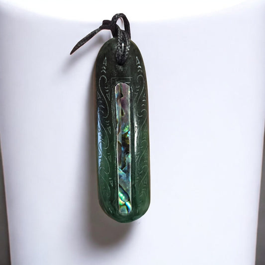 Engraved Pounamu Roimata Drop Pendant with Paua Detail