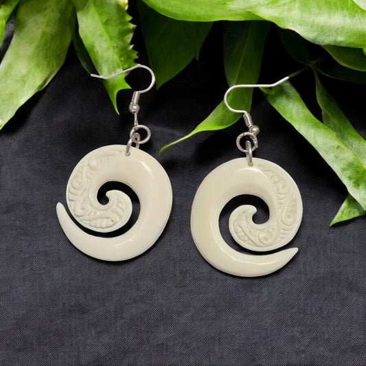 Bone Engraved Koru Earrings