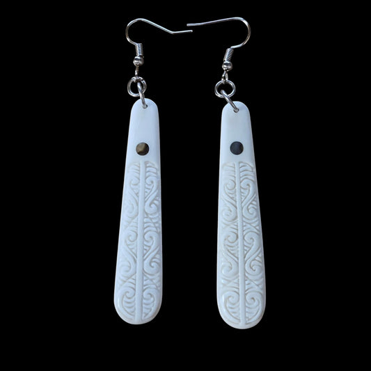 Engraved Bone Roimata Earrings with Paua Detail