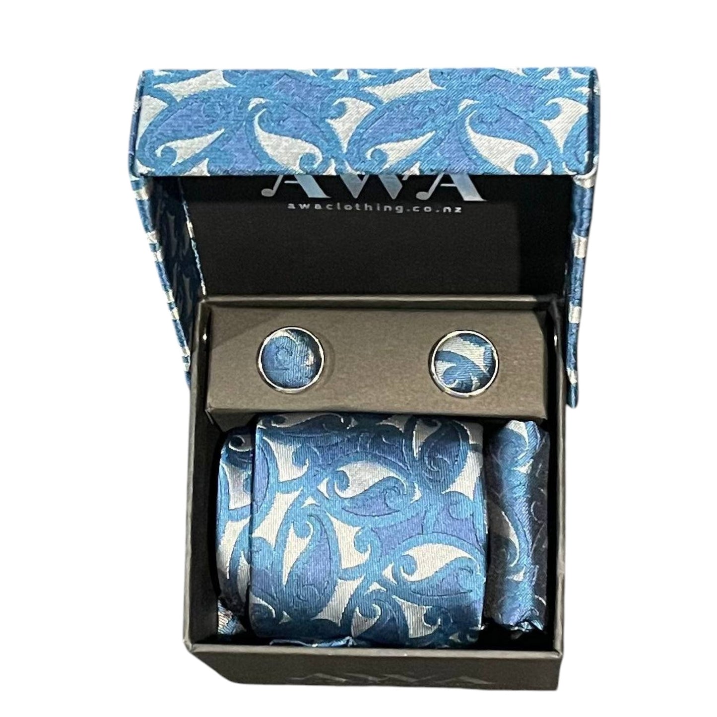 Gift Boxed Maori Pattern Tie, Cufflinks & Pocket Hankerchief - Blue/Silver