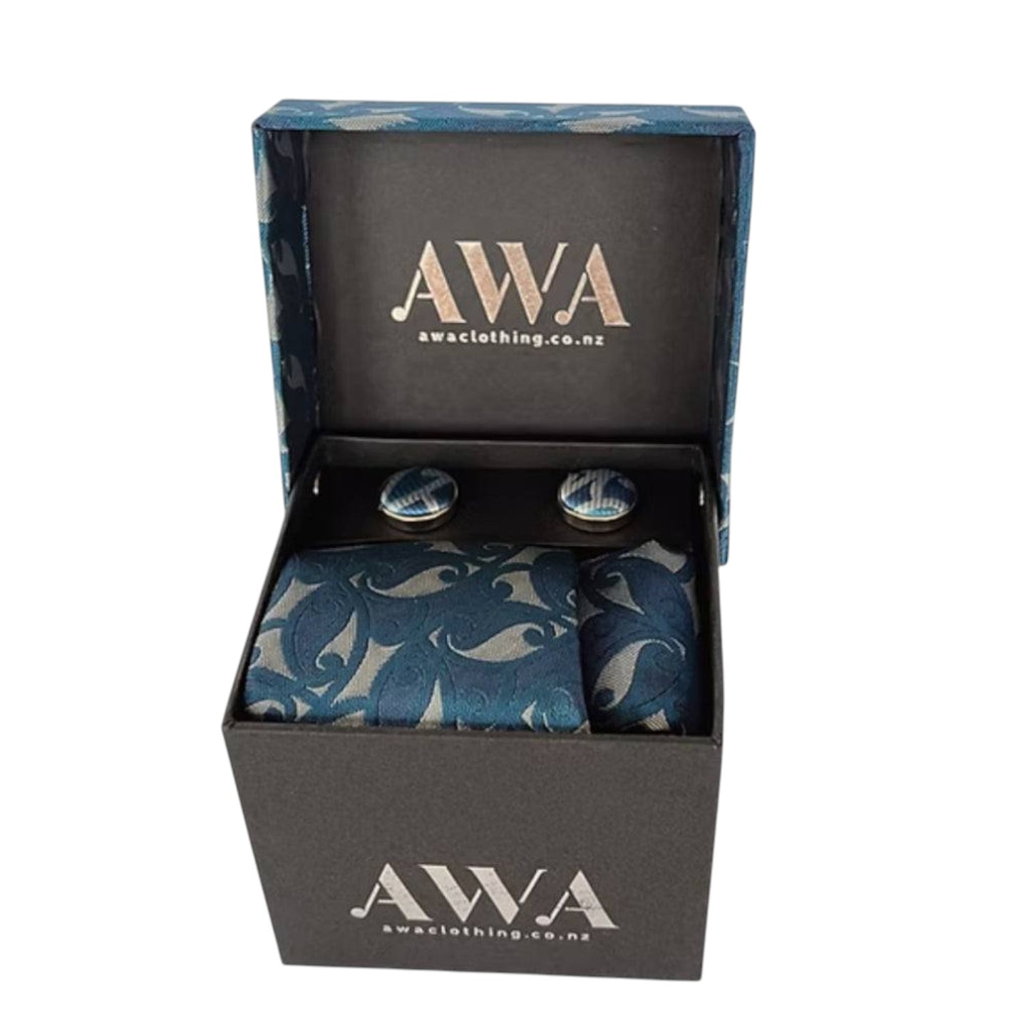 Gift Boxed Maori Pattern Tie, Cufflinks & Pocket Hankerchief - Blue/Silver