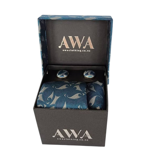 Gift Boxed Maori Pattern Tie, Cufflinks & Pocket Hankerchief - Blue/Silver