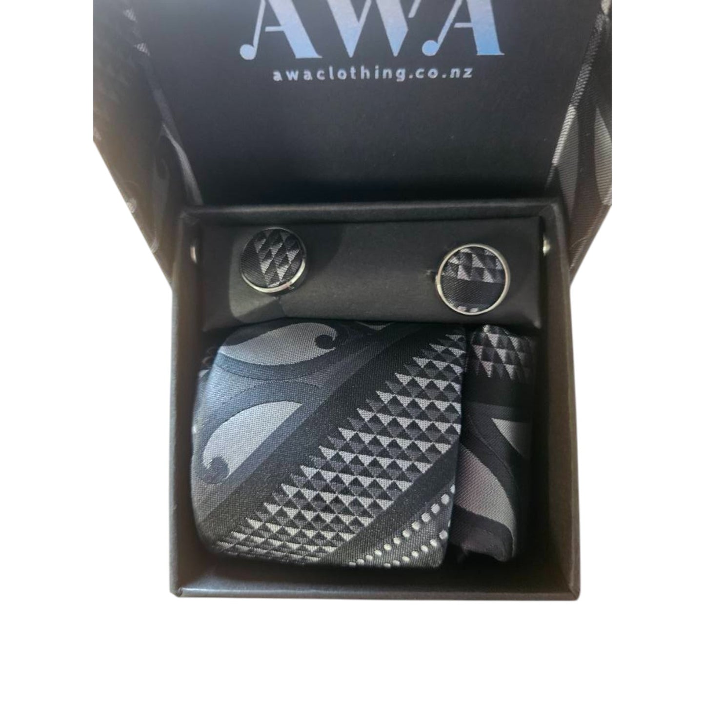 Gift Boxed Maori Pattern Tie, Cufflinks & Pocket Hankerchief - Blue/Grey