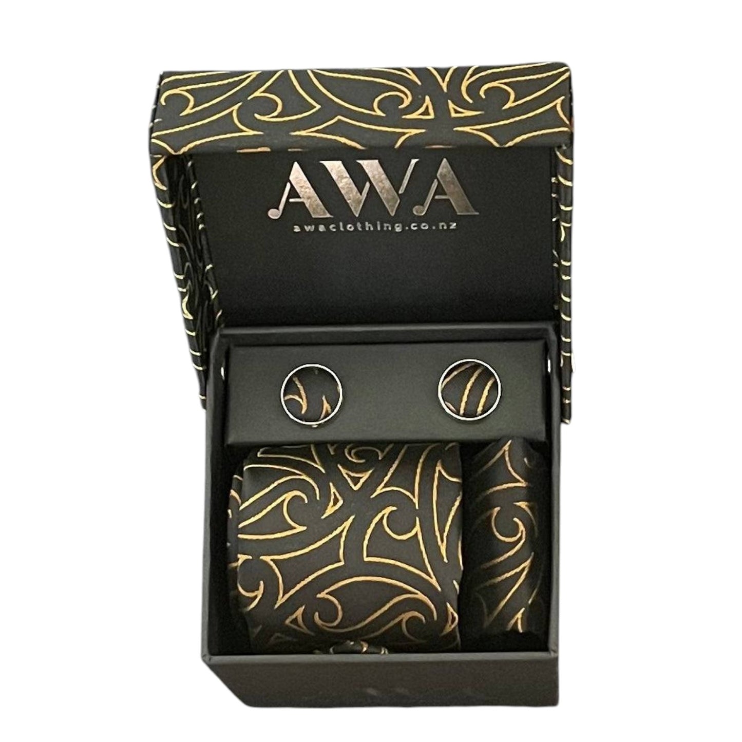 Gift Boxed Maori Pattern Tie, Cufflinks & Pocket Hankerchief - Gold/Black