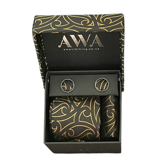 Gift Boxed Maori Pattern Tie, Cufflinks & Pocket Hankerchief - Gold/Black