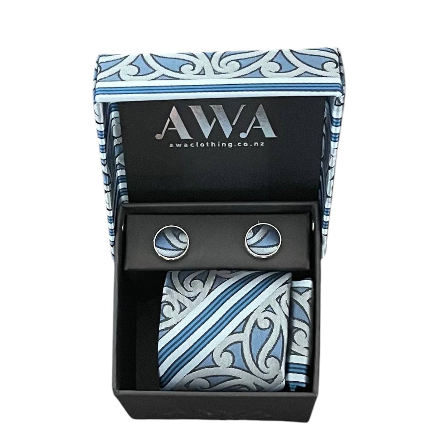 Gift Boxed Maori Pattern Tie, Cufflinks & Pocket Hankerchief - Blue/Silver/Stripe