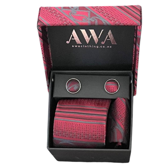 Gift Boxed Maori Pattern Tie, Cufflinks & Pocket Hankerchief - Red