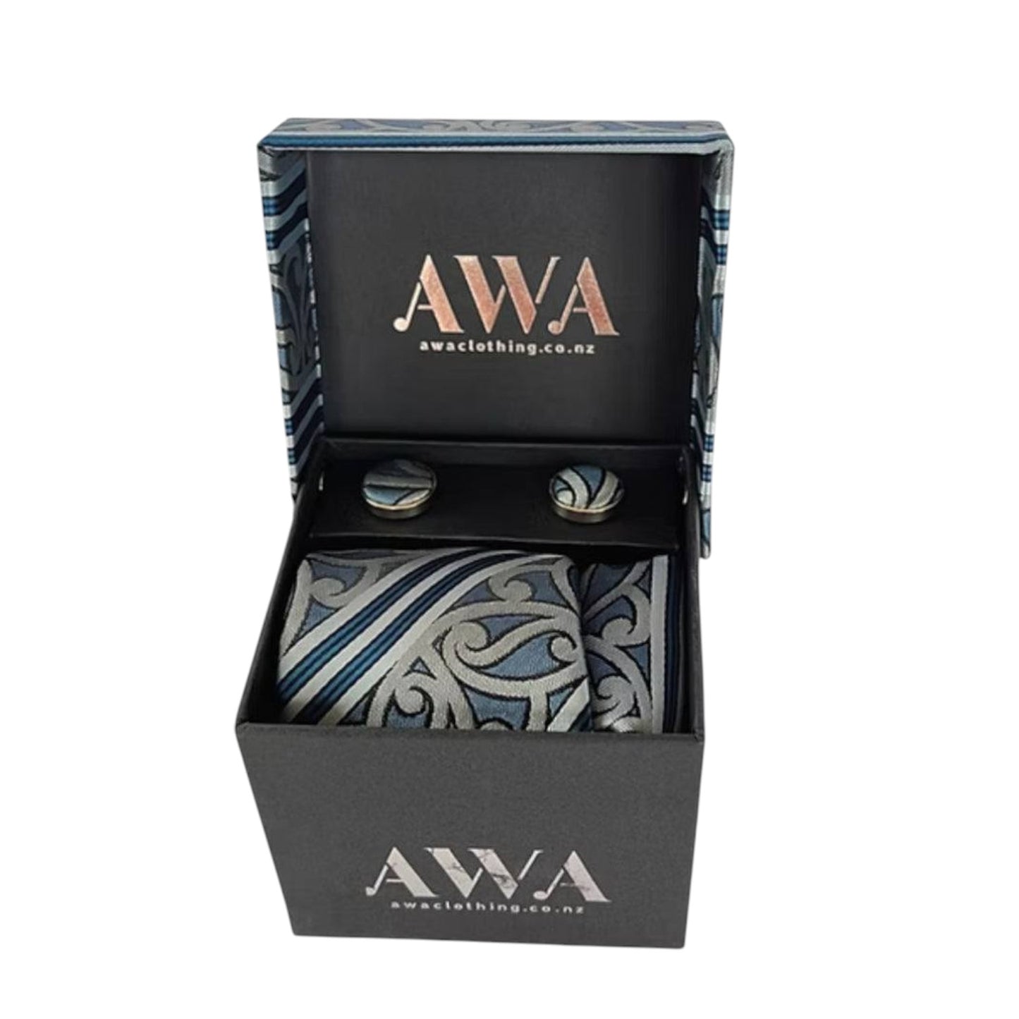 Gift Boxed Maori Pattern Tie, Cufflinks & Pocket Hankerchief - Blue/Silver/Stripe