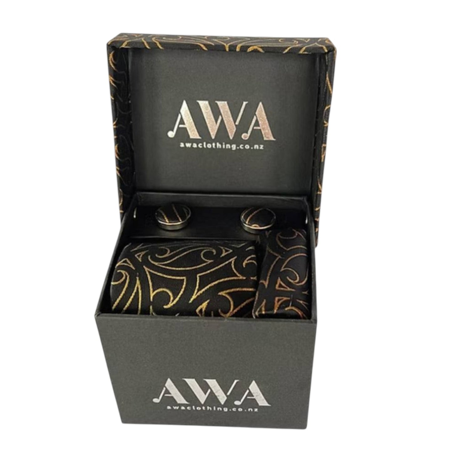 Gift Boxed Maori Pattern Tie, Cufflinks & Pocket Hankerchief - Gold/Black