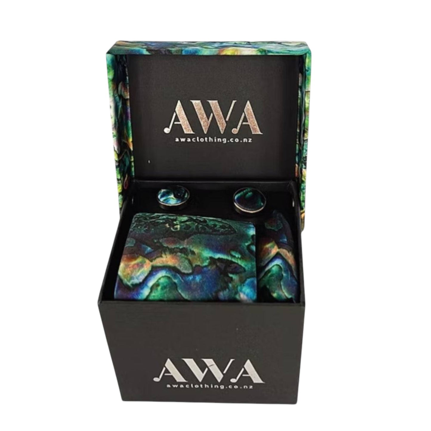 Gift Boxed Maori Pattern Tie, Cufflinks & Pocket Hankerchief - Paua