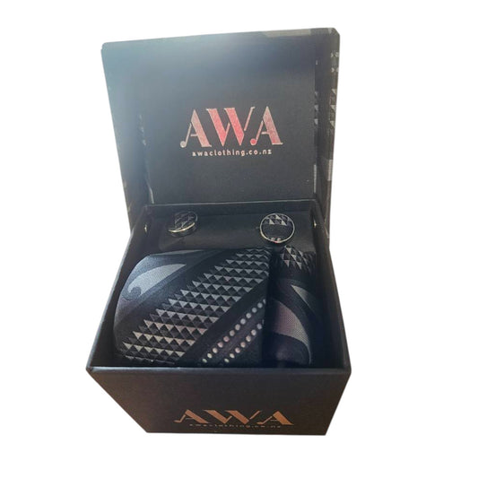 Gift Boxed Maori Pattern Tie, Cufflinks & Pocket Hankerchief - Blue/Grey