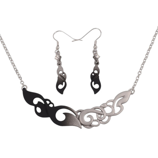 Manaia/Wave Rhodium Necklace & Earrings Set - Black