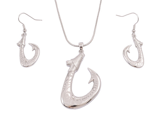 Laser Engraved Rhodium Plated Hei Matau Pendant & Earrings