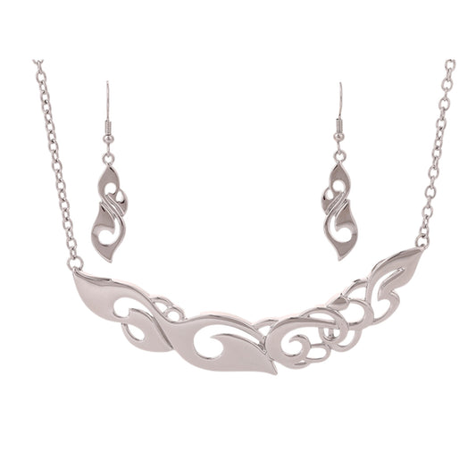 Manaia/Wave Rhodium Necklace & Earrings Set - Silver