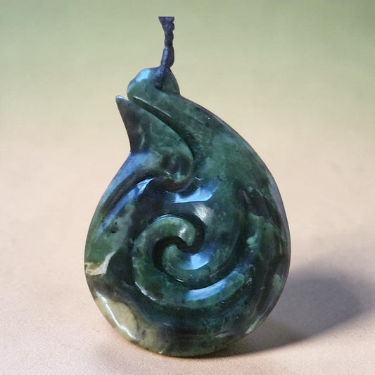 Stunning Kawakawa/Raukaraka Pounamu Hei Matau/Double Koru Pendant - 80mm