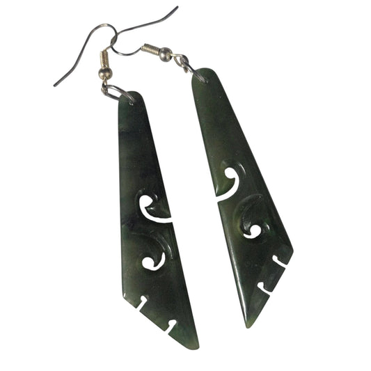 Slanted Pounamu Earrings with 2 Koru Cut-out - 55MM