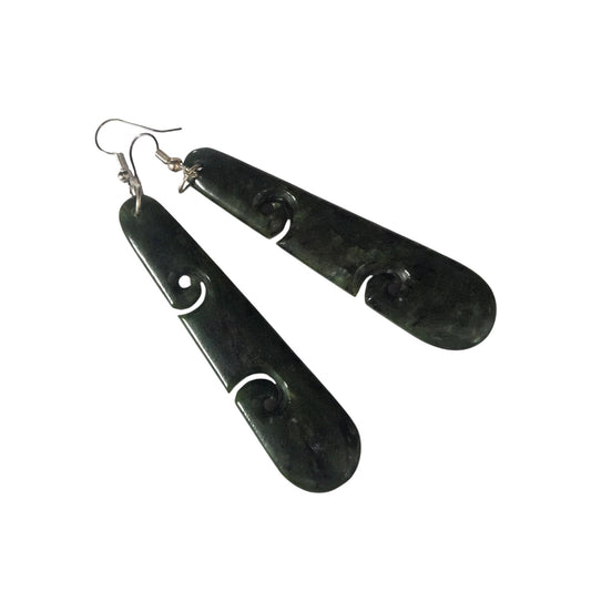 Pounamu Drop Earrings with 2 Koru Cut-out - 70mm