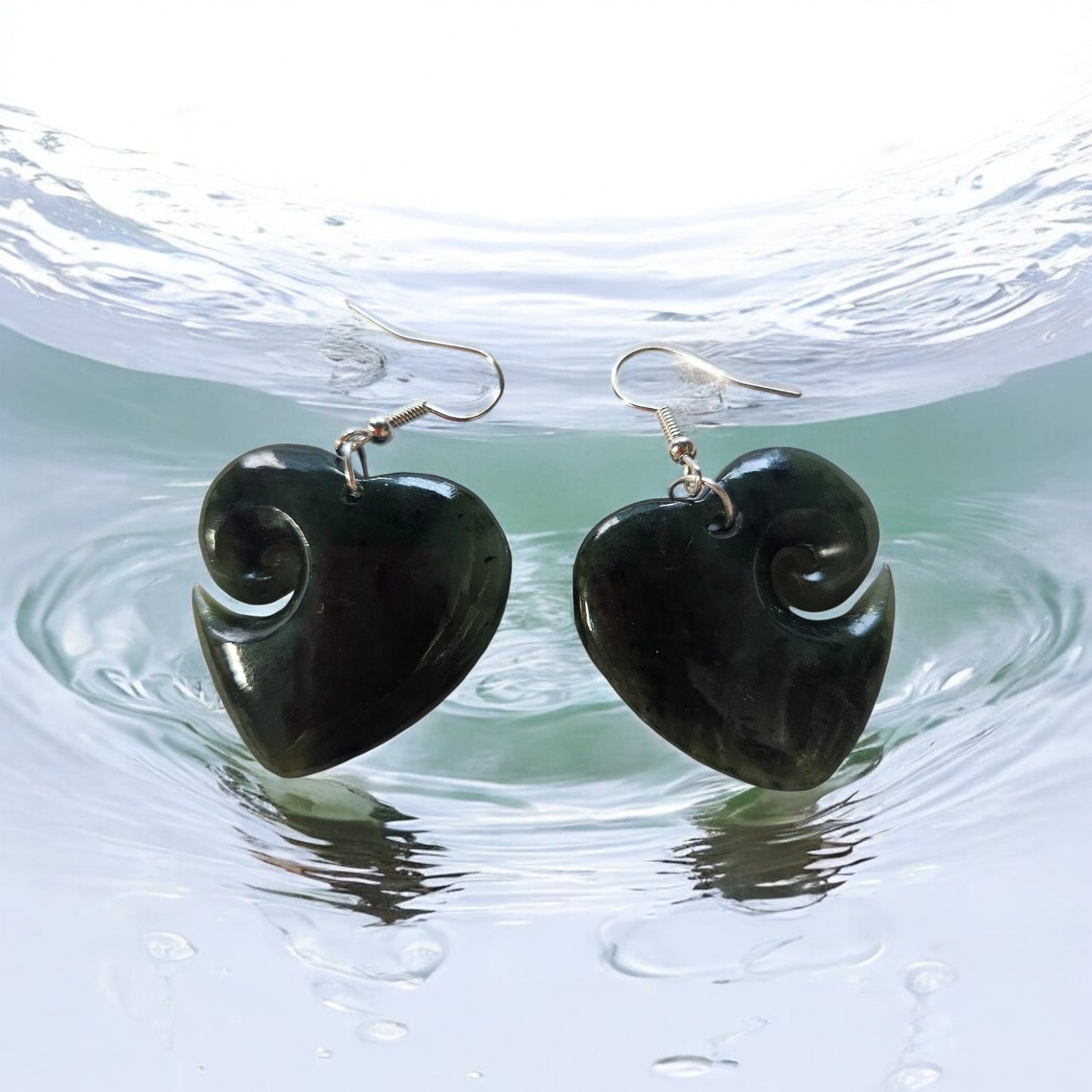 Pounamu Heart Earrings with Koru Cut-Out