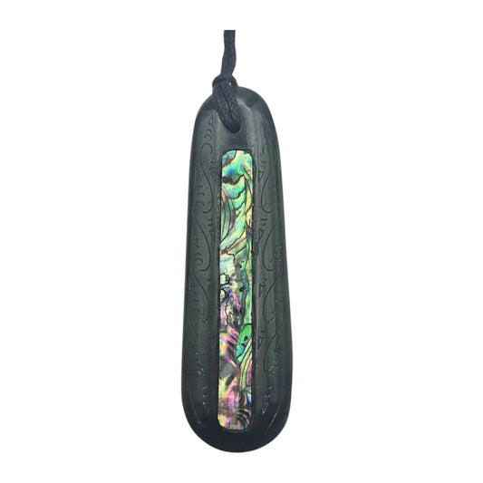 Engraved Pounamu Roimata Drop Pendant with Paua Detail