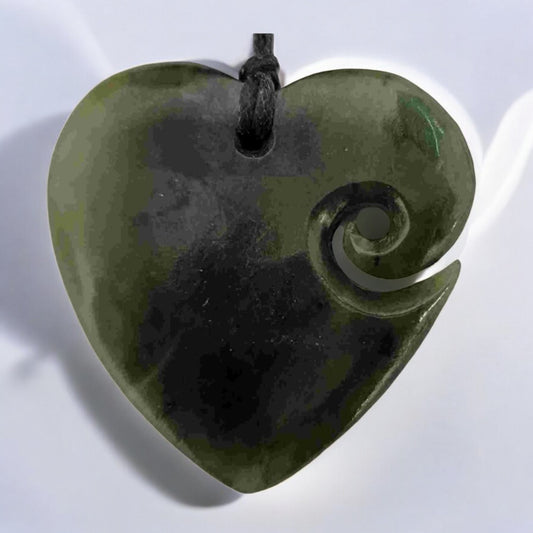 NZ Pounamu Manawa Heart Pendant with Koru Cut-out